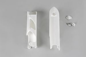 UFO voorvork beschermers Wit KTM SX 125/150/250 07-14 & SX-F 250/350/450 07-14 & EXC 250/300 08-15 & EXC-F 250/350/450/500 08-15 & Husqvarna TC/FC 125/250/350/450 14 & TE 125/250/300 14-15 & FE 250/350/450/501 14-15