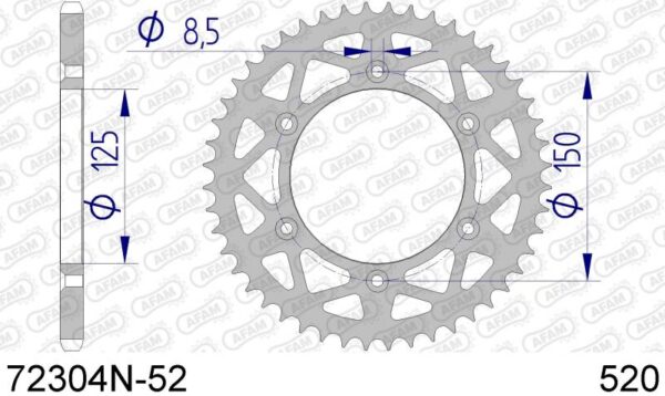 Afam achtertandwiel 52 tands aluminium zilver KTM SX/SX-F/EXC/EXC-F 90- & Husqvarna TC/FC/FE/TE 125/150/250/350/450/501 14-