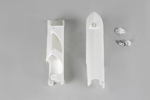 UFO voorvork beschermers Wit KTM SX 125/150/250 07-14 & SX-F 250/350/450 07-14 & EXC 250/300 08-15 & EXC-F 250/350/450/500 08-15 & Husqvarna TC/FC 125/250/350/450 14 & TE 125/250/300 14-15 & FE 250/350/450/501 14-15